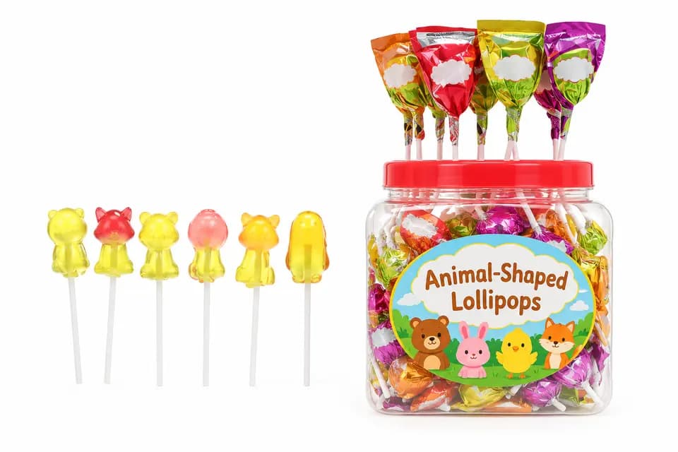 Retouched catalogue illustration of animal-shaped lollipops