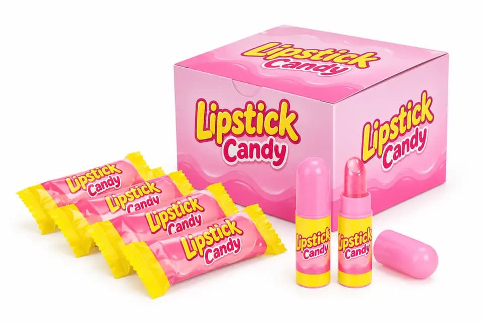 Retouched catalogue illustration of strawberry-flavored lipstick candy