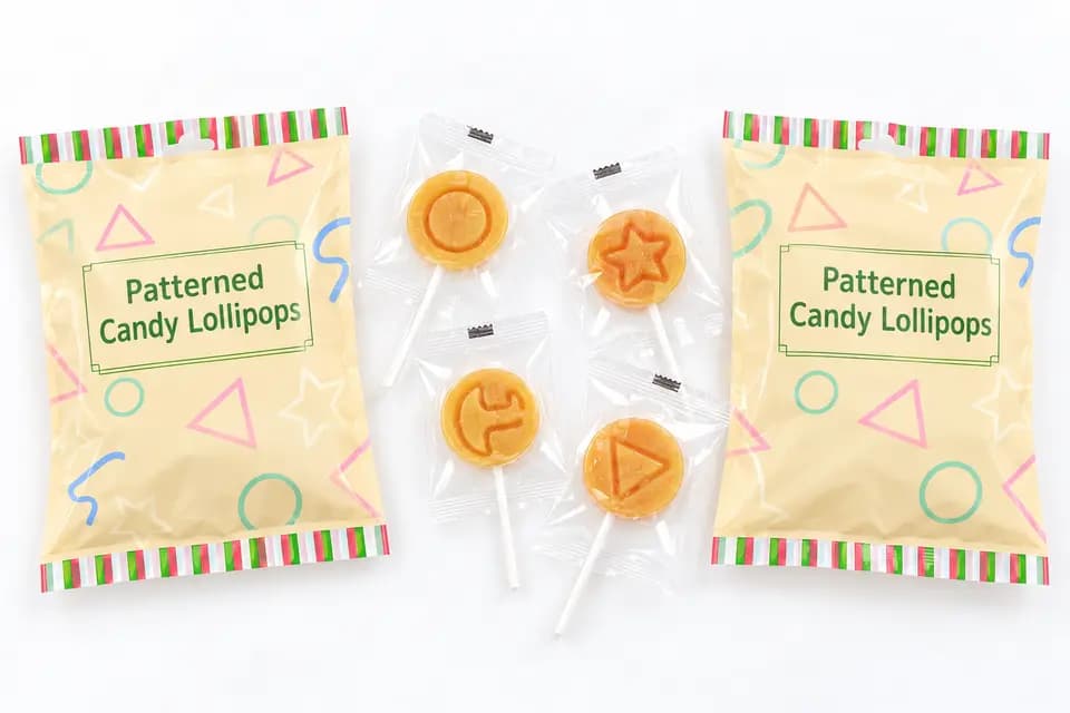 Retouched catalogue illustration of patterned hard candy on sticks