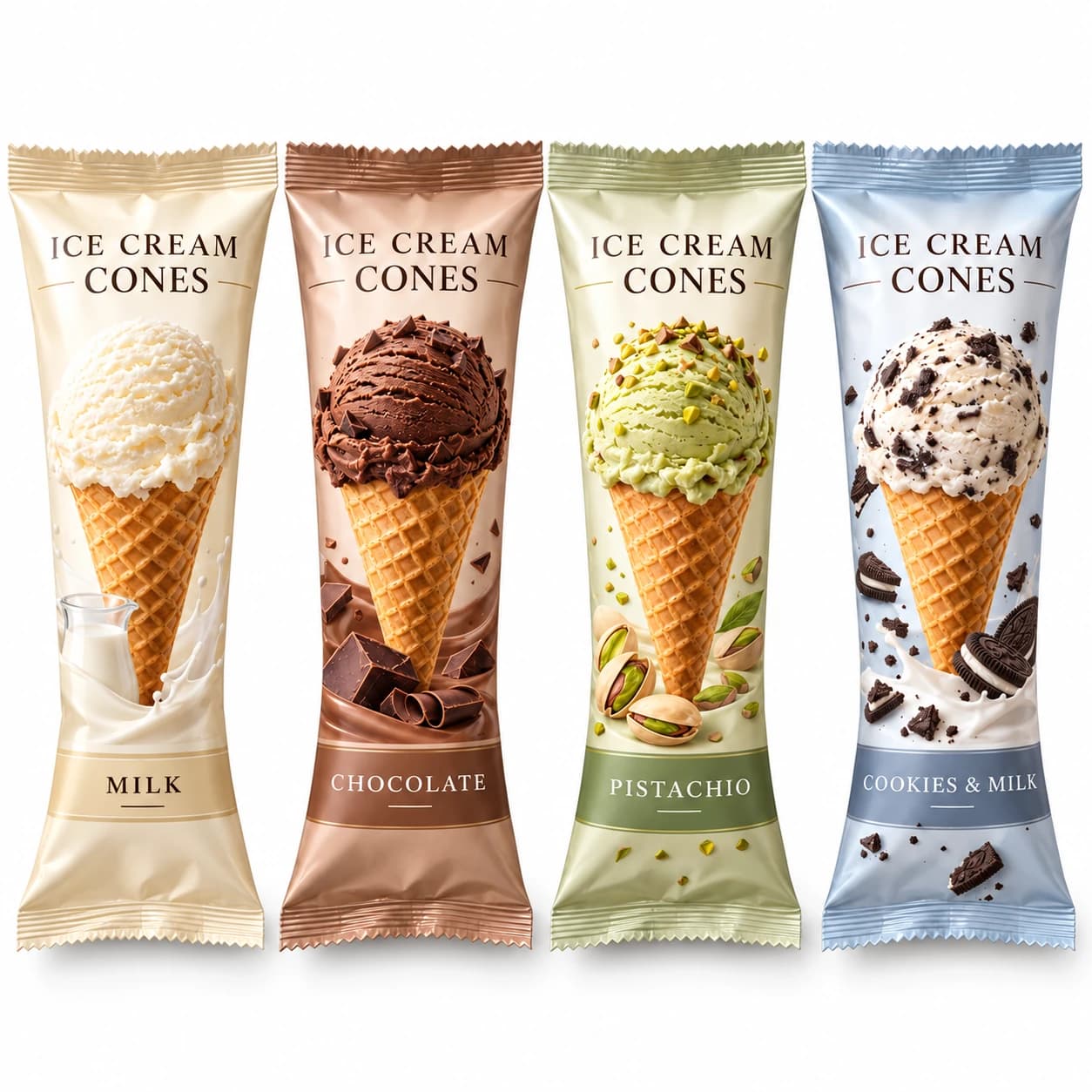 Four unbranded ice cream cone packaging concepts with English flavor labels