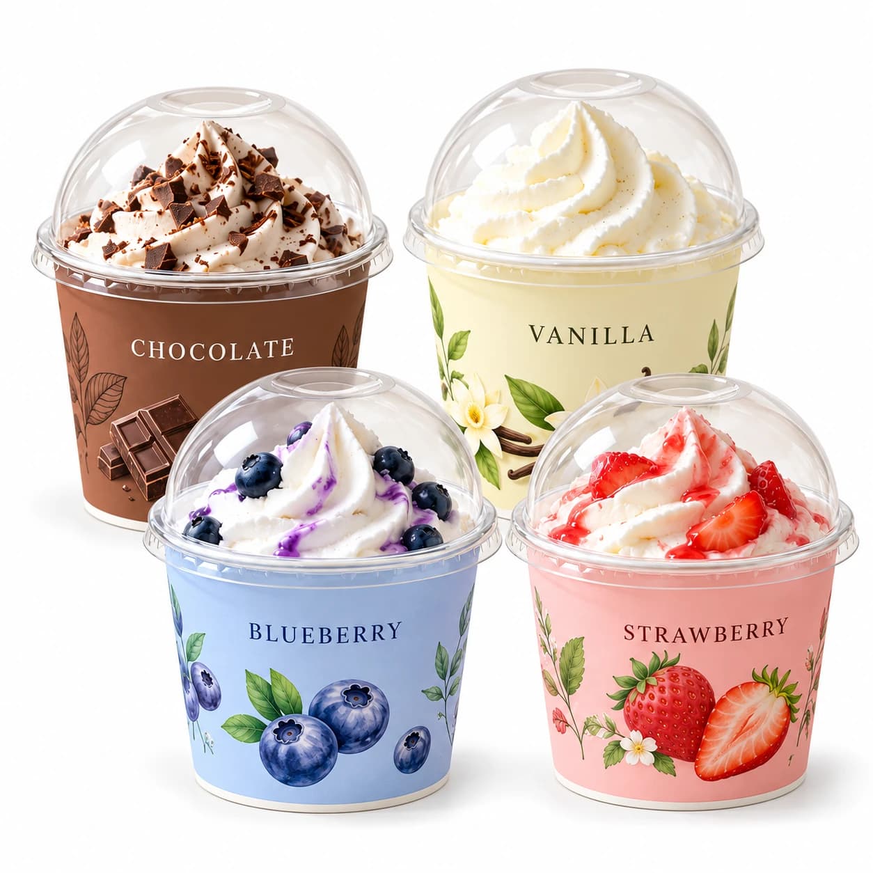 Chocolate, vanilla, blueberry and strawberry ice cream cups in unbranded packaging concepts