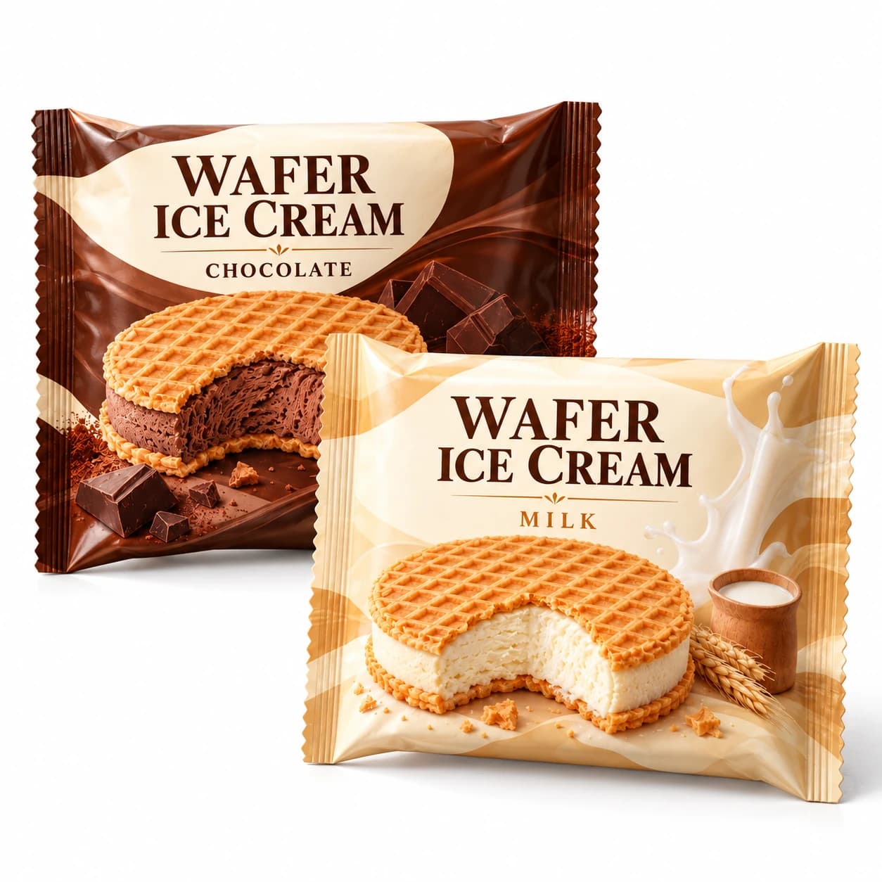 Chocolate and milk wafer ice cream sandwich packs in unbranded packaging concepts