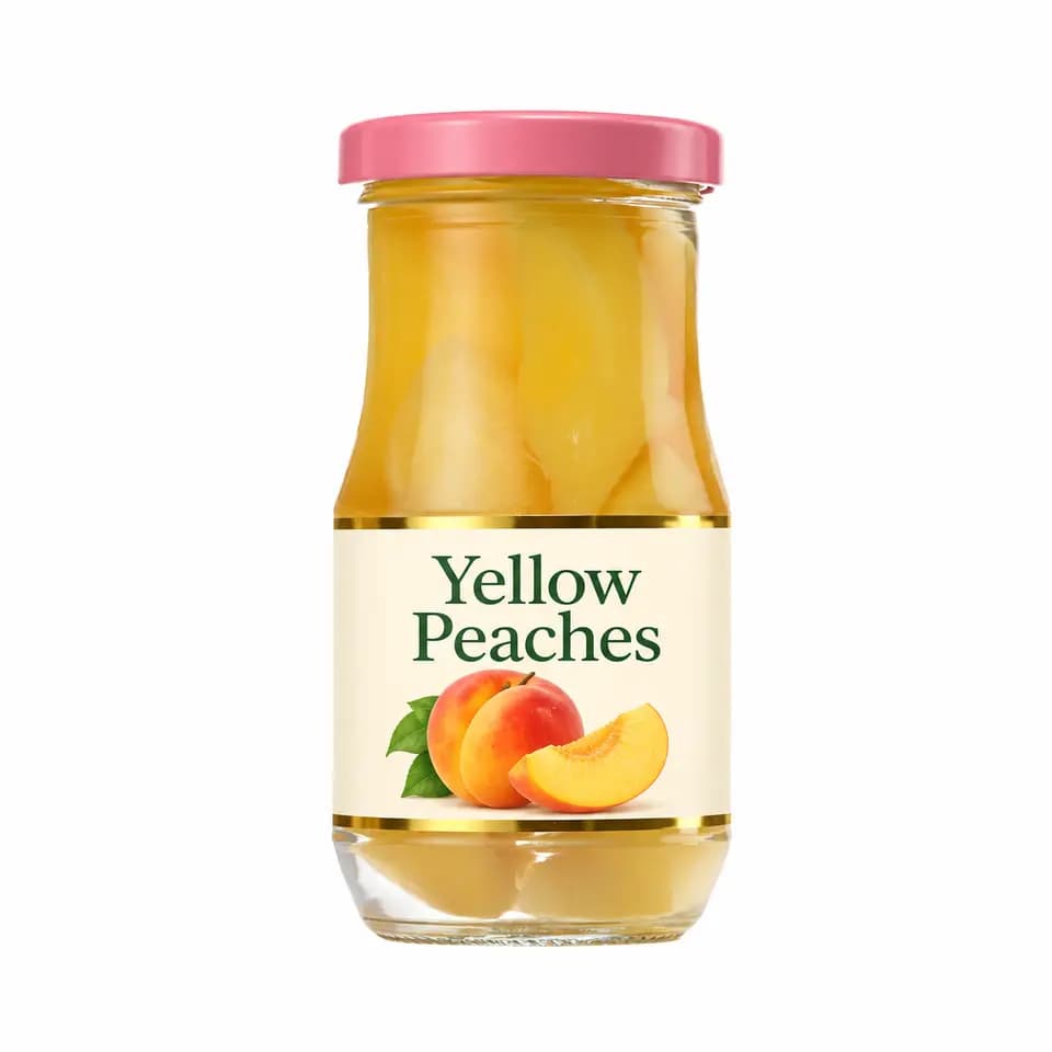Preserved yellow peaches in a glass jar — listed 248 g — retouched catalogue illustration