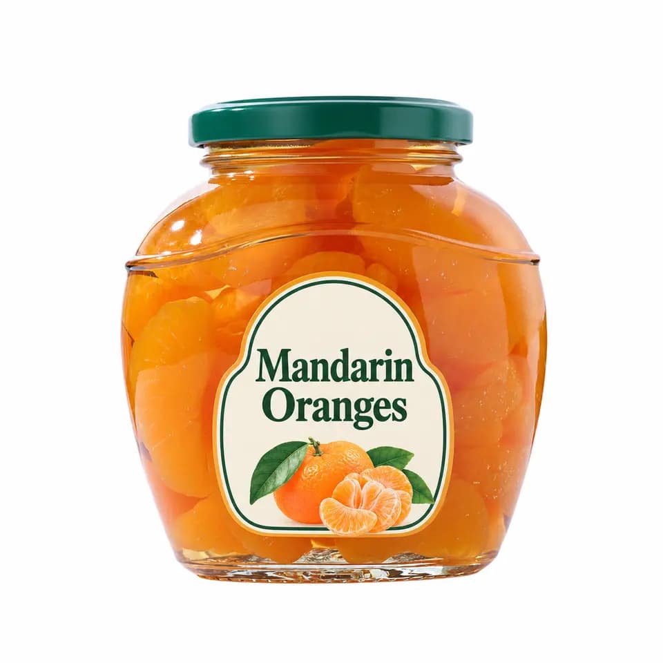 Preserved mandarin oranges in a glass jar — listed 388 g — retouched catalogue illustration