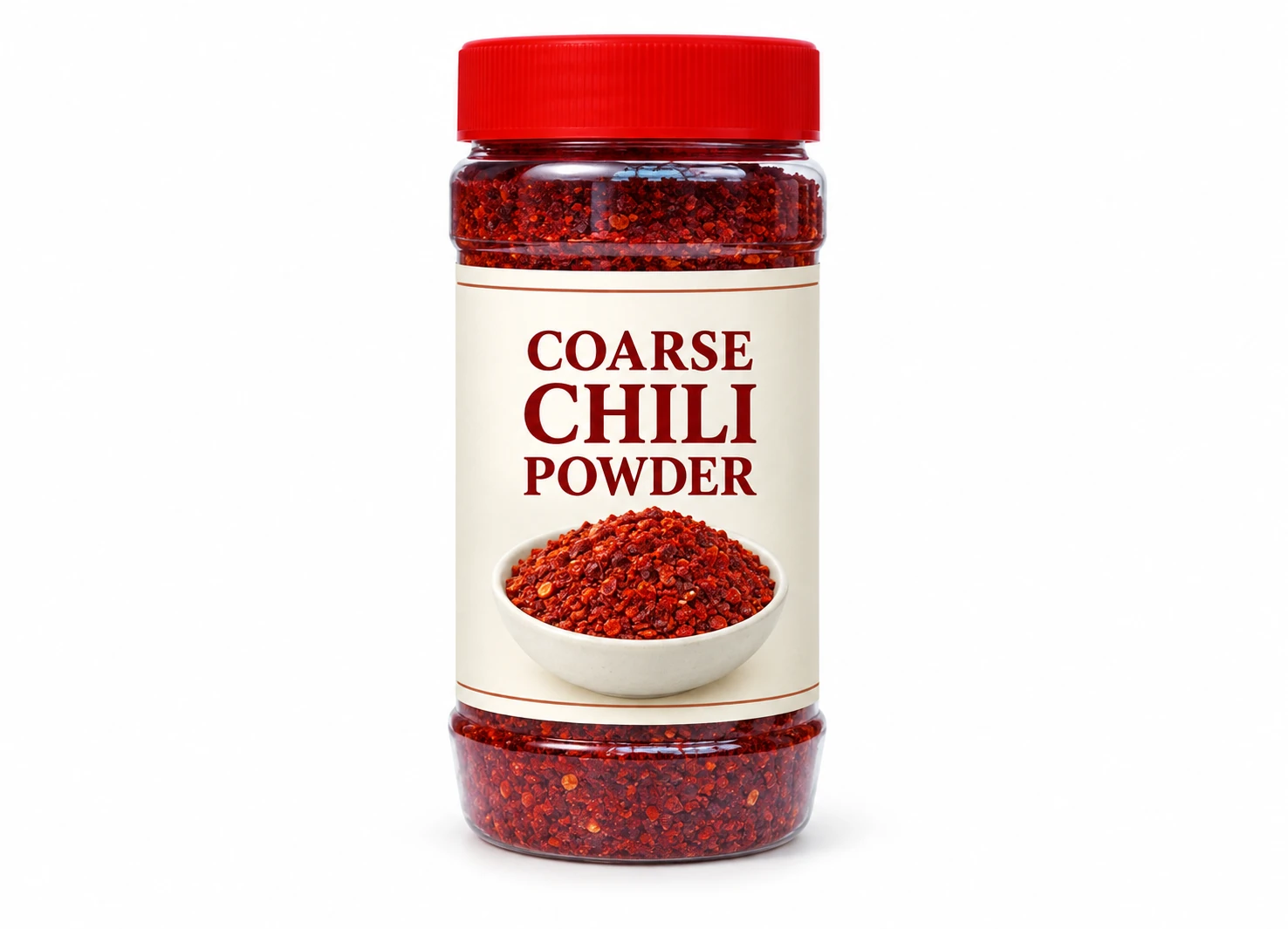 Coarse chili powder in a retail spice bottle — edited catalogue illustration