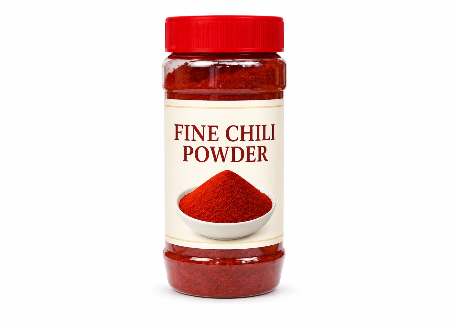 Fine chili powder in a retail spice bottle — edited catalogue illustration