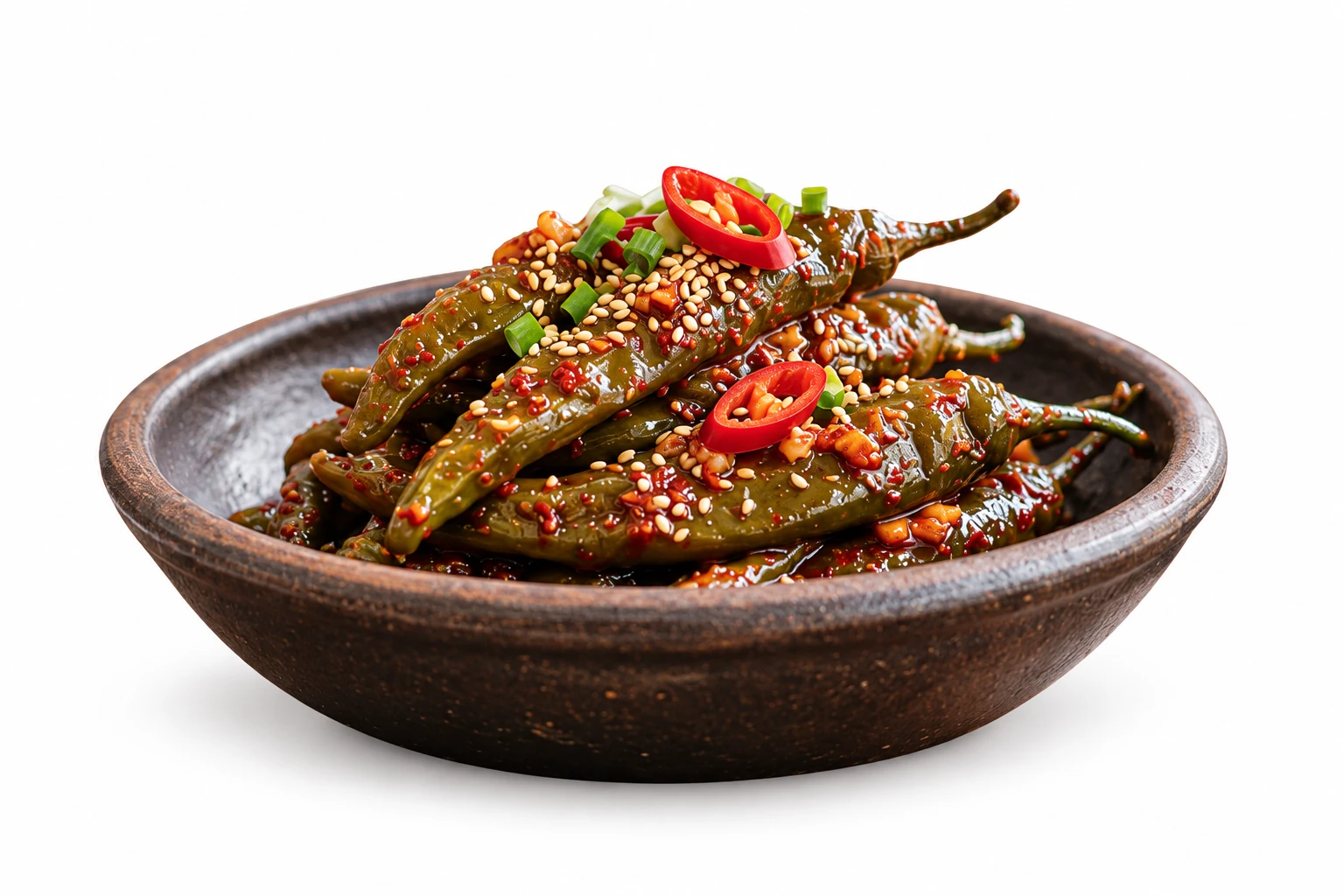 Retouched catalogue image of mixed chili kimchi on a white background