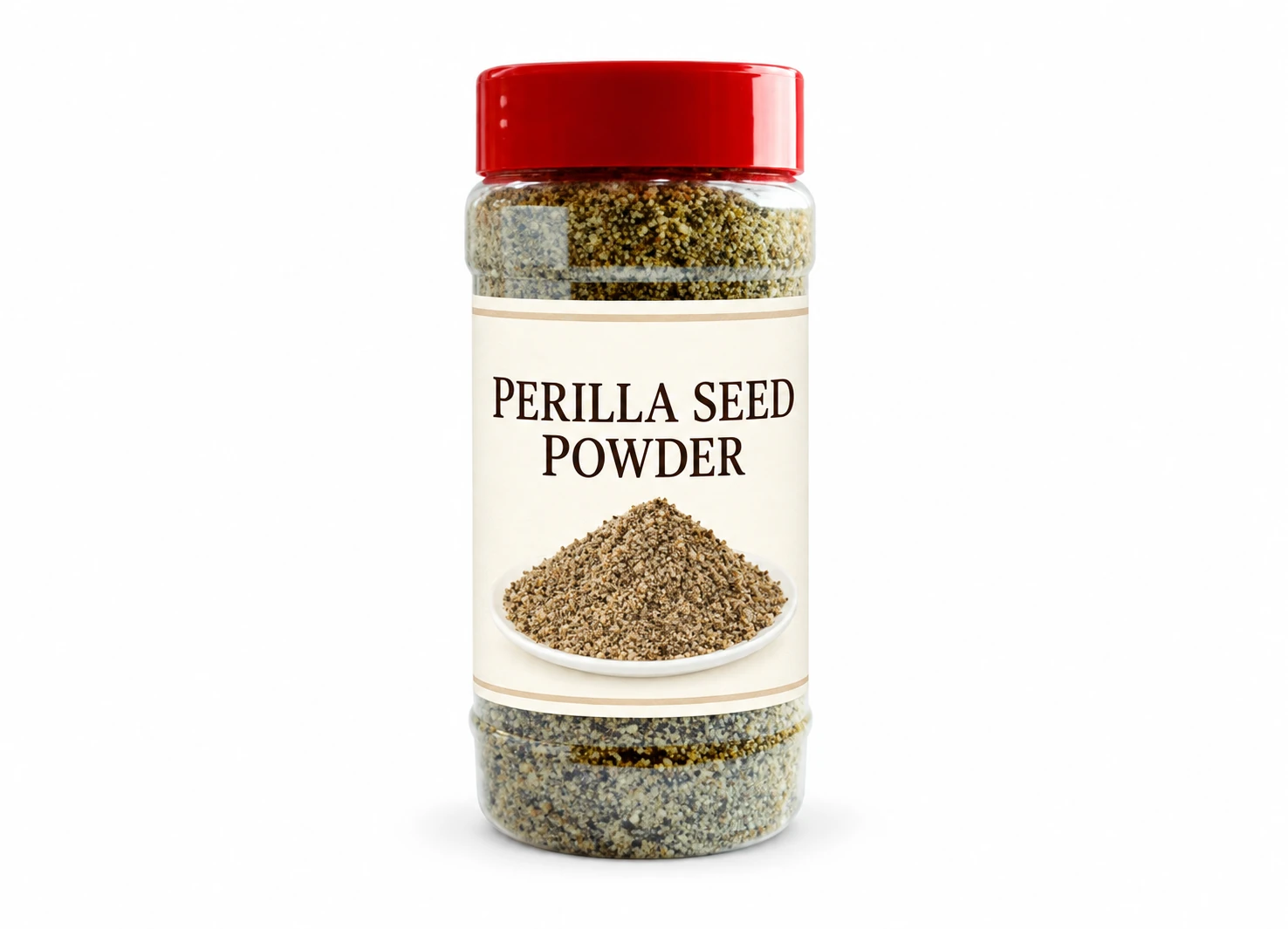 Perilla seed powder in a retail bottle — edited catalogue illustration