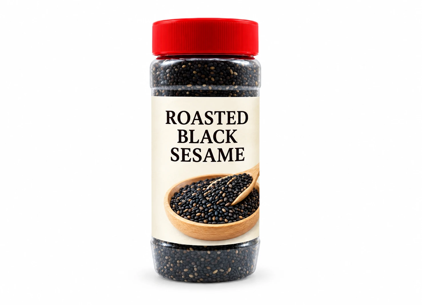 Roasted black sesame in a retail bottle — edited catalogue illustration