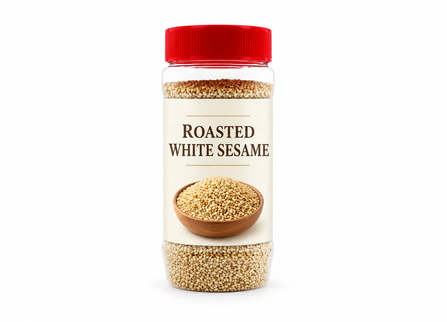 Roasted white sesame in a retail bottle — edited catalogue illustration