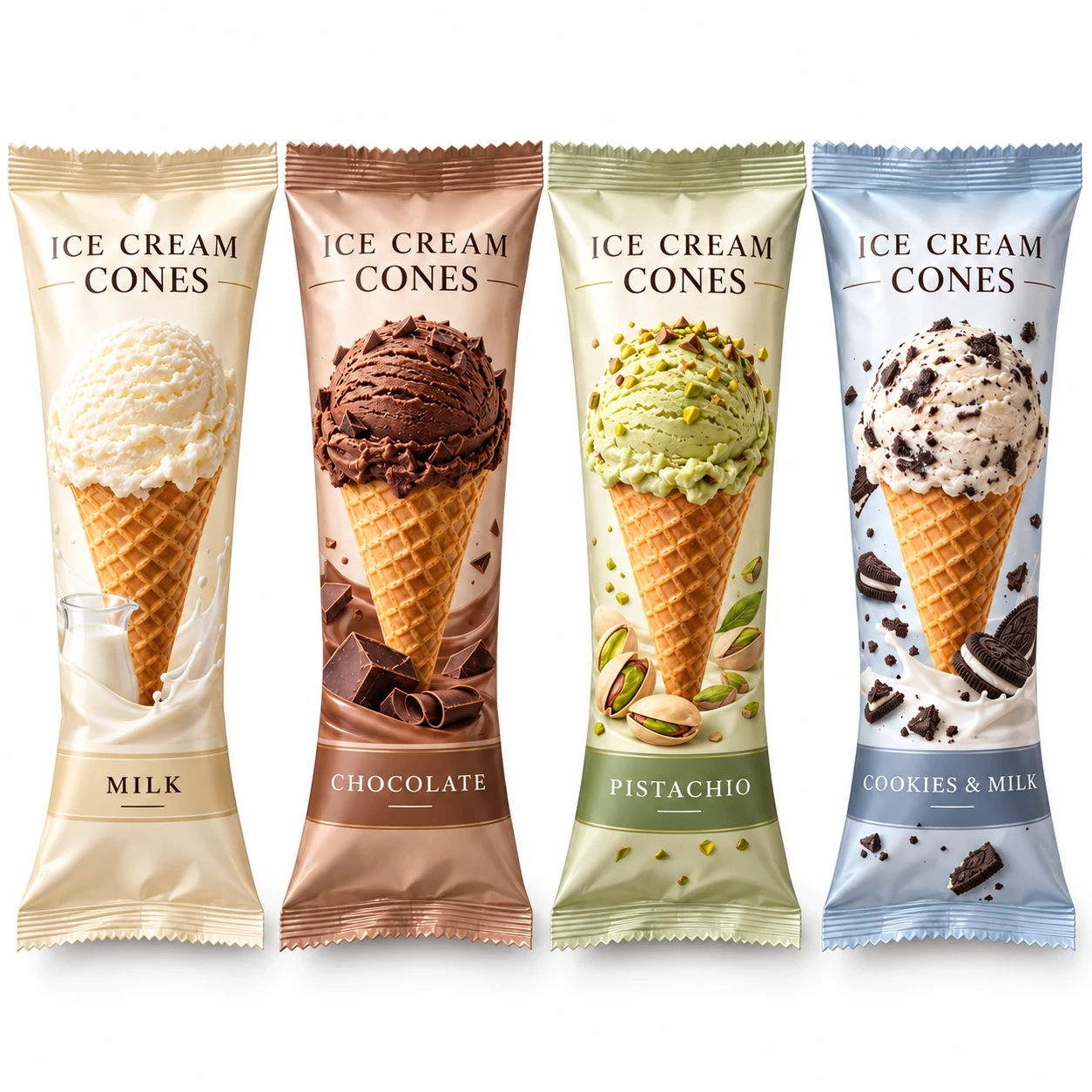 Four ice cream cone packaging concepts — milk, chocolate, pistachio, cookies and milk